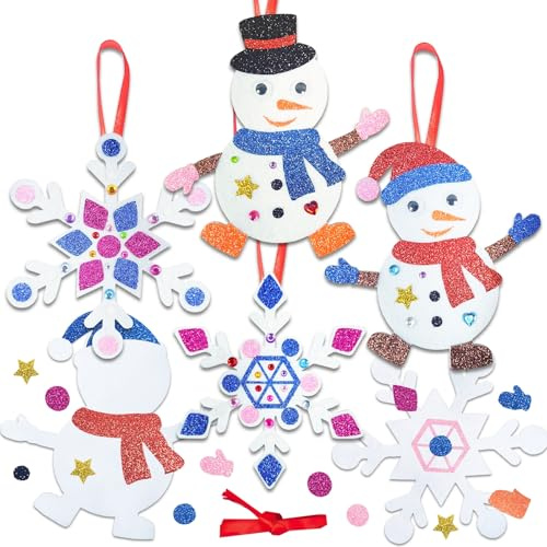 BOYATONG 12 Stück Basteln Weihnachten Kinder, Anhänger Bastelset Weihnachten Bastelsets für Kinder, Schneemann Mix & Match Schneeflocken, Festliche Kreativsets Zum Basteln und Christbaumschmuck