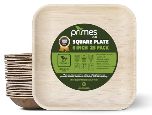 PRIMES ECO 6 Inch - Disposable Palm Leaf Small Square Plates, Eco Friendly Biodegradable Compostable Plates, Like Wooden Plates, Chemical Free Plates, Office Party Wedding Picnic Plates (25 PCS)