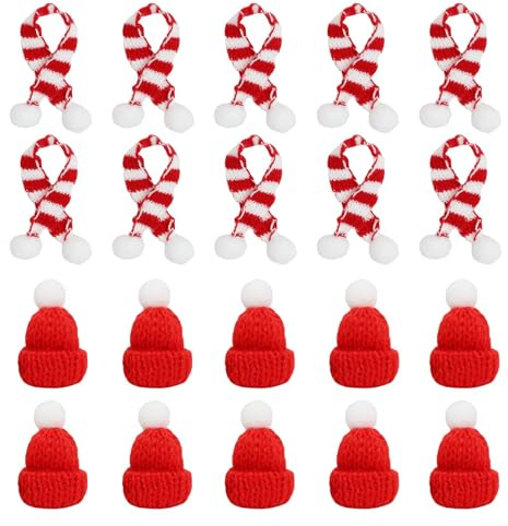 Hioip 20 Stück Mini Weihnachtsmütze und Schal Set, Mini-Strickmütze Mützen Nikolausmütze für Weihnachten Party Weinflasche Abdeckung Puppenhaus DIY Weihnachtsfeiern Dekoration
