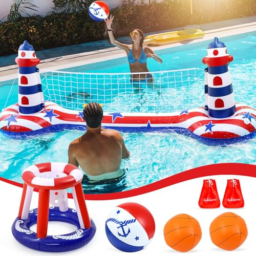 EagleStone Volleyballnetz-Set für Schwimmbad, mit Basketballkorb, aufblasbares Pool-Schwimmset, Volleyballnetz mit amerikanischer Flagge und Basketballkörben