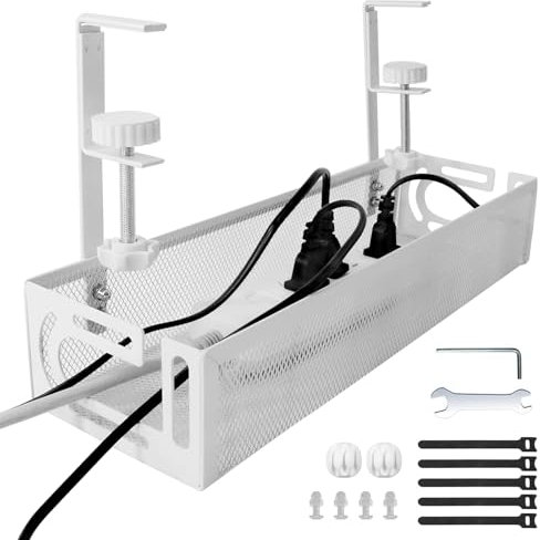 SuQurtom Under Desk Cable Management Tray No Drill, Metal Mesh Cable Tray for Wire Management with Clamp Mount, No Damage to Desk, for Office Home, White