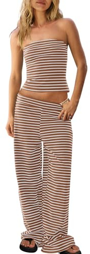 Panadila Womens Striped Two Piece Sets Summer Lounge Outfits Sailor Tube Top and Pants Matching Set Beach Vacation Travel Y2k | 2 Piece Sets, Beach Vacation Outfits, Travel, Sailor Tube Top, Wide Leg Pants, Maching Set, Y2k, Summer