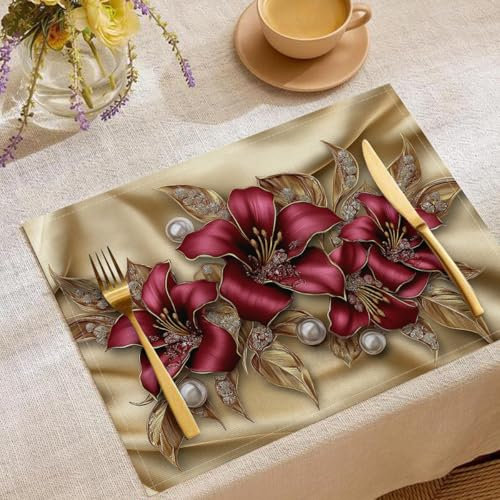 Abwaschbar Tischsets 6er Set, 45 * 30cm Lilie Blatt Perle Diamant Tischdeko Bankett Platzsets Dekorative Tischsets Saisonal Platzsets, Küche Party Gold