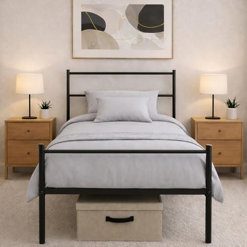 House Of Home Single Metal Bed Frame – Extra Strong Construction, with Underbed Storage, Reinforced Support Bars, and Easy Assembly - Black