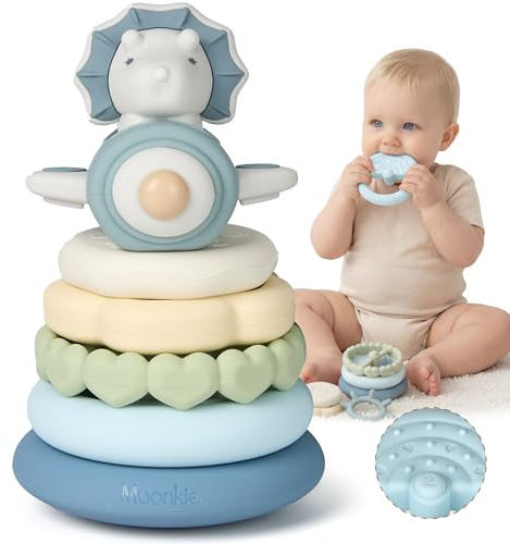 Moonkie Dinosaure Tour Empilable Bebe, Jeux Eveil Silicone, Anneau Dentition Bebe, Jouet Montessori Eveil, Anneaux Empilables Bébés, Cadeau pour Garçons 6 Mois+, Ensemble de 7 Pièces