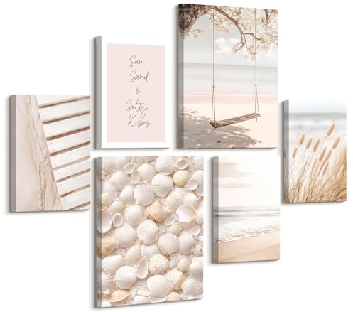 6Pcs Boho Küstenstrand Muschel Leinwand Bilder Set Mit Rahmen Pampasgras Unkraut Bild auf Leinwand Schaukeln Ozean Landschaft Wandbilder Wohnzimmer Schlafzimmer Wanddeko 30x40cmx2+20x30cmx4