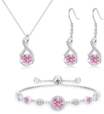Cangall Women’s Jewellery Sets, 925 Sterling Silver 3PCS Fashion Necklace Bracelet and Earrings Set with Pink Cubic Zircon, Infinity Silver Jewellery Set Pink for Wedding Prom Anniversary Birthday