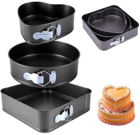 Punklong 3PCS Heart-Shaped/Round/Square Cake Tin Sizes is 20/22/24cm, Cake Tins for Baking Removable Bottom QuickEven Release Latch Moulds Non Stick Baking Pan, for Birthday Cake Bread