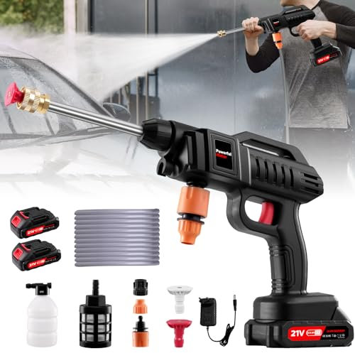 Idropulitrice a Batteria,60 Bar/870 PSI Idropulitrice Portatile con 3 In 1 Ugello,Idropulitric𝐞 Batteria con 2 Batterie,Tubo da 5M, Idropulitric𝐞 Senza Fili Per Pulizie Esterni Giardino Auto