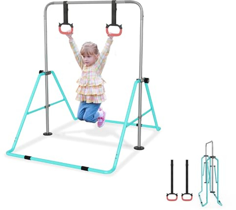 UISEBRT Barra de gimnasia ajustable para niños, plegable, altura ajustable de 91 a 133 cm, carga máxima de 140 libras, barra de gimnasia en interiores para niños, ideal para 3-8 años, color verde