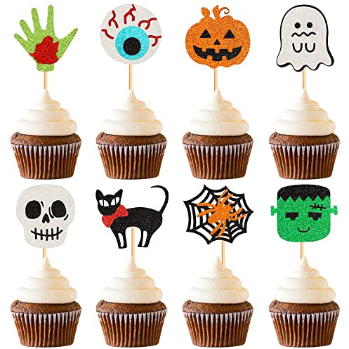 32Stk Frohen Halloween Cupcake Toppers Glitter Halloween Dekorationen | Kürbisse Geister Spinnen Augenboll Cupcake Topper Schädel Kuchen Topper Halloween Geburtstag Baby Dusche Party Zubehör