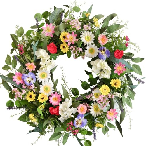 CIR OASES 24-inch Spring Wreath Artificial Flowers Green Leaves Wreath for Front Door Corridor Indoor Outdoor Home Decoration, Wedding Party Festival Celebration Decoration