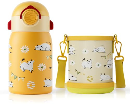 Fjbottle Trinkflasche Kinder mit Strohhalm 400ml + Tasche, 316 Edelstahl BPA-Frei Auslaufsichere Kinderflasche Wasserflasche für Kindergarten/Schule/Outdoor