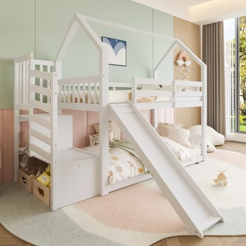 Sweiko Lit Superposé 90x200cm avec Échelle de Rangement et Toboggan,Le Cadre du Lit Comprend des Barrières,Matelas Non Inclus,Convient aux Enfants et aux Adolescents (White2)