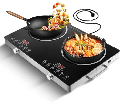 wowspeed Ce/ranfeld 2 Platten 7000W, Glaskeramikkochfeld, Tragbares 20cm Kochplatte, 4 Kochmethode, 3-Stunden-Timer, Stufenlose Einstellung, Touch-Steuerung, 220-240V