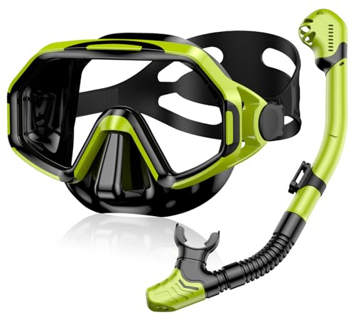 Schnorchelset Erwachsene, Anti-Beschlag Schwimmbrille Aus Gehärtetem Glas & Dry-Top Schnorchel für Herren und Damen, Schnorchelausrüstung für Schwimmen, Tauchen & Schnorcheln