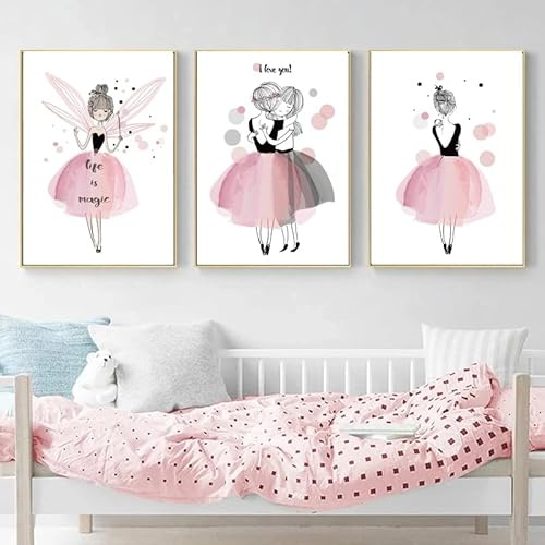 Nordic Ideas Poster Mädchen Rosa Deko Kinderzimmer A3 Wandbild Dekoration Kunstdruck auf Leinwand 3-teilig ohne Rahmen