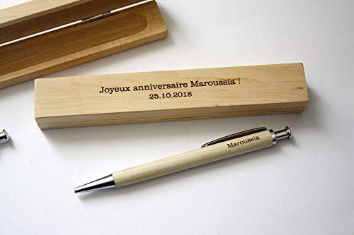 Stylo personnalisé et boîte gravée en bois, gravure sur mesure avec votre texte, stylo bois et métal argenté. Cadeau personnalisé idéal anniversaire, Noël, retraite.