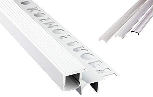 T-40 LED Alu Fliesenprofil Treppenprofil Stufen 12mm weiss + Abdeckung Abschlussleiste Fliesen für LED-Streifen-Strip 2m milky