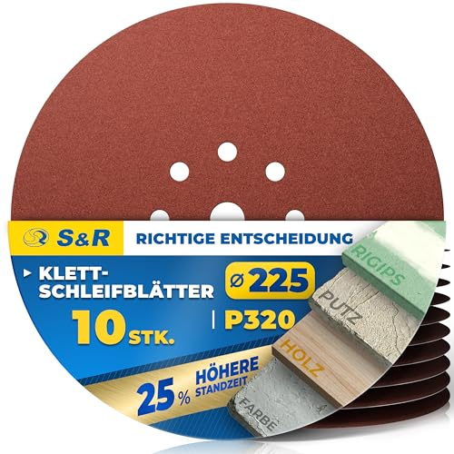 S&R Schleifpapier 225mm, Schleifscheiben 225mm, Schleifgitter 225 mm klett, Trockenbauschleifer Schleifpapier, Schleifpapier 225, schleifteller 225 mm, Schleifpapier Giraffe, Klett, P320, 10 Stück