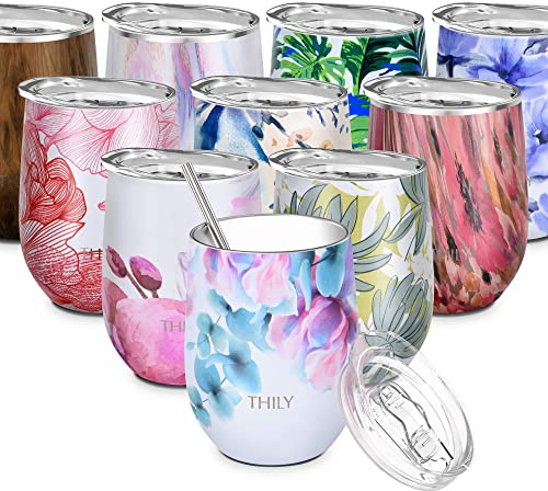 THILY Stainless Steel Insulated Wine Tumbler Stemless Wine Glass with Lid and Straw, Splash-Proof, Cute Travel Cup for Coffee, Cocktails, for Women, Mother, Wife, Girls, Pink Lilies