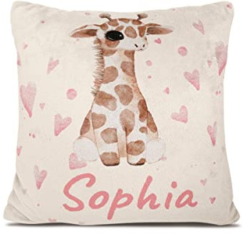 Personalisiertes Babykissen mit Tierdruck – weiches Fleecekissen mit Namen und Datum zur Taufe oder Geburt – Babygeschenk oder Geburtskissen - Kinder Kissenbezug - Kopfkissenbezug (Giraffe)