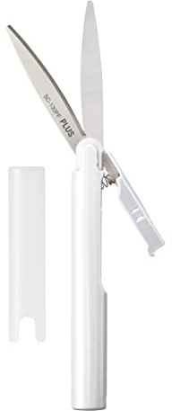 Reiseschere mit beschichteten Schneiden, Taschenschere antihaft, Sicherheitsverschluss mit Kappe, stiftform, Weiß