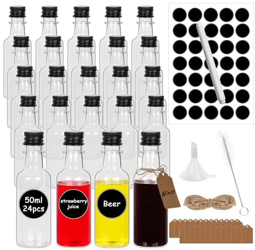 HYCKee [24 Stück] Miniatur-Alkoholflaschen, 50 ml, kleine leere Kunststoffflaschen mit schwarzen Schraubverschlüssen für Schleife, Gin, Sauce, Flüssigkeiten, Mini-Likörflaschen mit Trichter-Etiketten