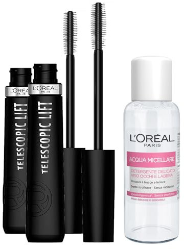 L'Oréal Paris Telescopic Lift Wimperntusche verlängerend und volumisierend, vegane Formel mit Ceramidkomplex, leichte Textur, gegen Klumpen oder Grate, Farbe Schwarz, 2 Kosmetika + Mizellarwasser 30