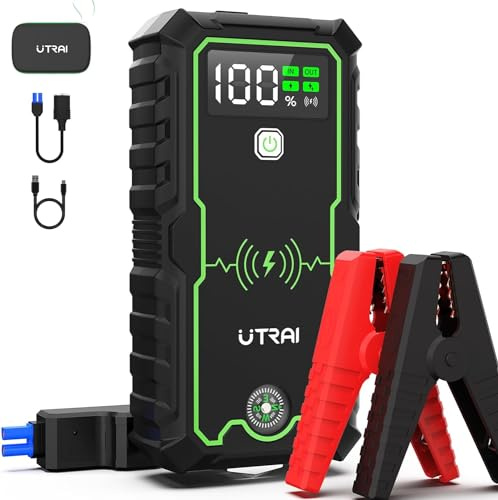 6500A 27000mAh Jump Starter Power Pack with Compass/10W Wireless Charger/Safety Hammer/LED Flashlight/160DC OUT with LCD Display,UTRAI Car Battery Booster Jump Starter for All Gas/12L Diesel