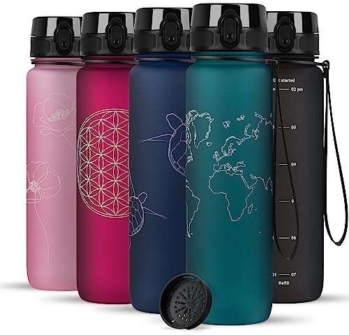 720°DGREE Trinkflasche 1l mit Motivationsskala “uberBottle“ +Sieb - BPA-Frei - Wasserflasche für Uni, Sport, Fitness, Fahrrad, Outdoor - Sportflasche aus Tritan - Leicht, Bruchsicher, Nachhaltig
