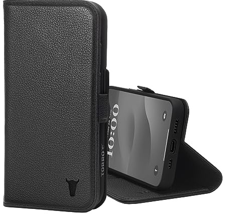 TORRO Leather Case Compatible with iPhone 15 – Premium Leather Wallet Case with Kickstand and Card Slots - Black