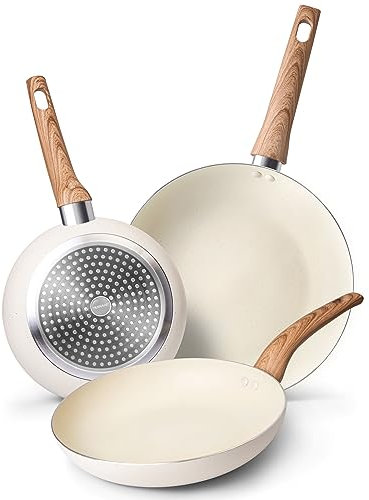 nuovva Induction Hob Pan Set – 3pcs Non Stick Frying Pan – Kitchen Cookware Nonstick – Cream Granite, 20cm, 24cm & 28cm Frying Pans Set