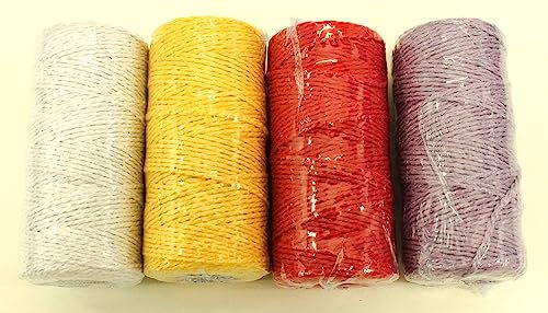 CaPiSo 4x100m Baumwolle 2mm Bäckerschnur Baumwollkordel Küchengarn Kordel Bäckerkordel Bindfaden Baumwollschnur Weiss-Gelb-Rot-Flieder
