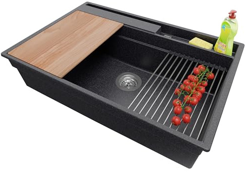 PRIMAGRAN Evier Cuisine en Granit au Meuble 80cm + Kit de Vidage, 78x53cm | Set: Kit de Vidage (Siphon, bonde d’évacuation, trop-plein) + Lavabo 1 Bac - Oslo, Graphite
