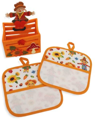 hobbymio.it Coppia di presine da ricamare a Punto Croce con Cestino in Feltro, presine Autunnali da ricamare a Punto Croce in Fantasia spaventapasseri Giallo Scuro