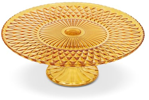 Amici Home Rochester Amber Glass Footed Cake Stand - Vintage Diamond Pattern Round Pedestal for Cakes, Pastries & Cupcakes, Decorative Dessert Display & Dining Table Centerpiece, 10.5” D x 3.75” H