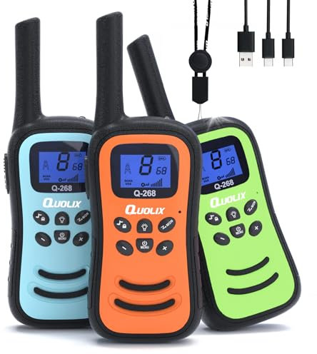 QUOLIX Walkie Talkie Kids 3 Pack, 8 PMR Channels 2 Way Radios, LED Flashlight, Rechargeable Walkie Talkie for Garden Outdoor Camping Travel, Gifts and Toys for Boys Girls and Adults