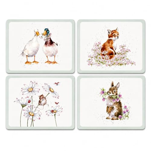 Portmeirion x Wrendale Designs Platzsets mit Wildblumen-Motiv, 4 Stück, Pimpernel mit Unterseite aus Kork, hitze- und schmutzabweisend, Tischschutz, Tier- und Blumen-Design