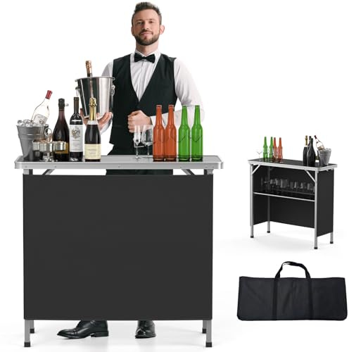 VINGLI Portable Bar Table, 2-Tier Shelves, Mobile Bar Table for Events, Party, Camping, Picnic, Tradeshow, Indoor with Black Skirt, 39 L x 34 H