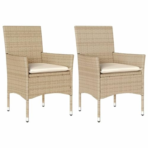 vidaXL Trädgårdsstolar med dynor 2 st beige konstrotting, trädgårdsstol, uteservering, utomhusstol, trädgårdssittplatser, utestol, trädgård matstol