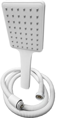 White matt Universal 1 Mode Shower with Shower Hose 2 m Slim Square High Pressure Shower Head Rainfall Hand Held Water Saving Bathroom Handshower