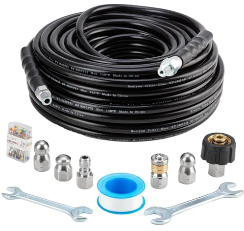 Sewer Jetter Kit 100FT for Pressure Washer, Pressure Washer Drain Jetter with 5800PSI Cleaner Hose 1/4 Inch NPT, Corner, Rotating & Button Nose Sewer Jetting Nozzle Spanner Waterproof Tape Pearl Pin