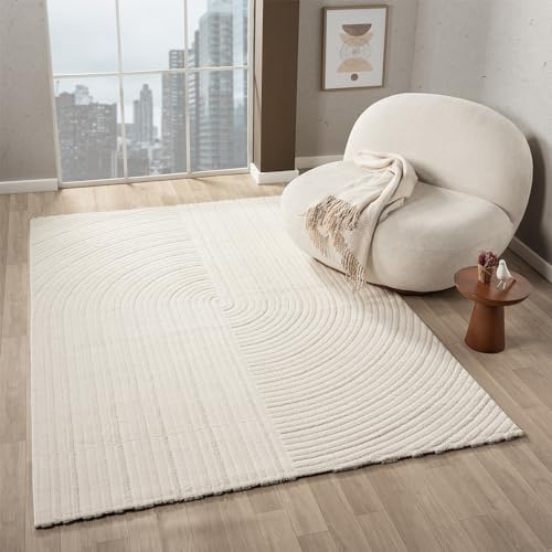 VIMODA Moderner Kurzflor Teppich Wohnzimmer Schlafzimmer Boho Optik Regenbogen Skandinavisch, Farbe:Creme, Maße:80x150 cm