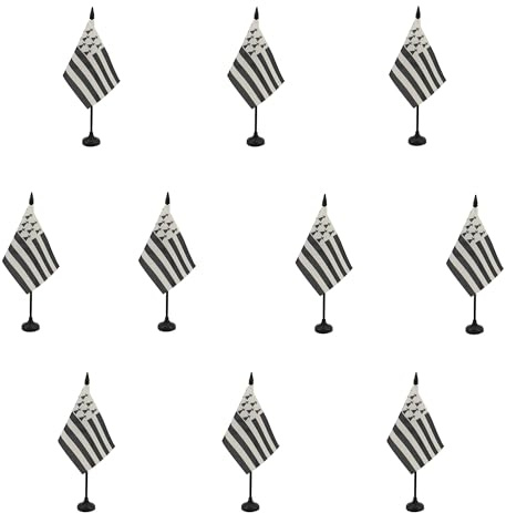 AZ FLAG Lot de 10 Drapeaux de Table Bretagne 15x10 cm Socle Plastique | Usage intérieur Drapeau de bureau breton finition cousue et bords renforcés avec mât en plastique et socle en plastique