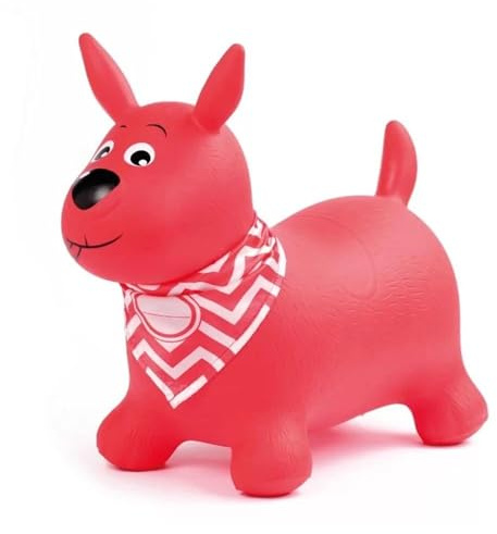 LUDI Hüpf Hund Rot – 58 x 27 x 48 cm – Aufblasbares PVC Hüpfspielzeug mit personalisierbarem Halstuch – Für Innen und Außen – Mit Luftpumpe – Ab 10 Monaten