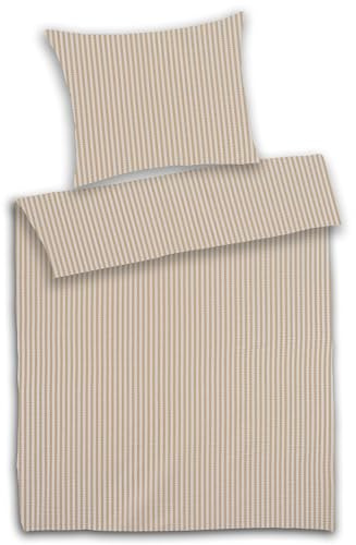 Hans-Textil-Shop Seersucker Bettwäsche Streifen Baumwolle Reißverschluss - Gestreift, Sommerbettwäsche, Bettbezug, Bügelfrei, Bettbezug, Privat, Hotel, Pension, Unterkunft (Beige, 135x200 + 80x80 cm)