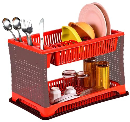 DUAS 2-Tier Dish Drying Rack – Durable Plastic Utensil Drainer with Tray for Kitchen – Space-Saving Plate and Cup Holder (Red & Grey)