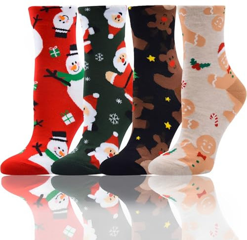 Scinzene 4 paia di calzini natalizi unisex, calze natalizie da donna e uomo, calzini di Natale, calze natalizie multicolori, cartone animato, Natale, unisex - Adulto, 4 unità, Taglia unica