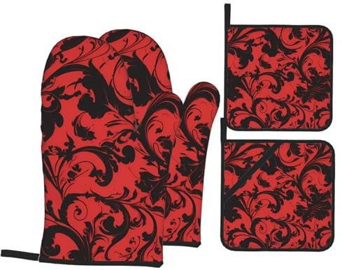 YYHHAOFA Set di quattro pezzi da cucina con motivo rosso e nero alla moda, guanti da forno isolati e presine, spessi e resistenti